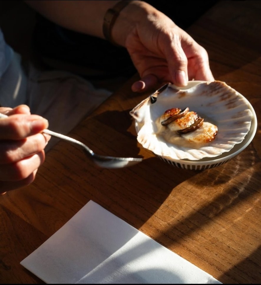 Scallop in the shell, served by hand