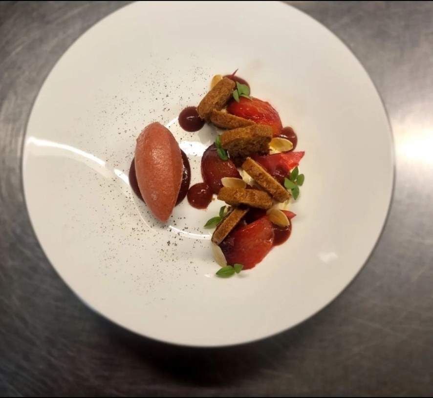 Dessert with sorbet, tomatoes and almond crumb